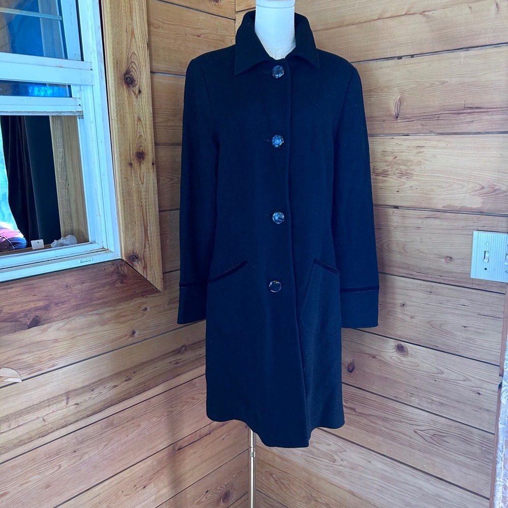 Vintage Wool Longline Trench Coat Women Size 12 Black Velvet Trim French Spy